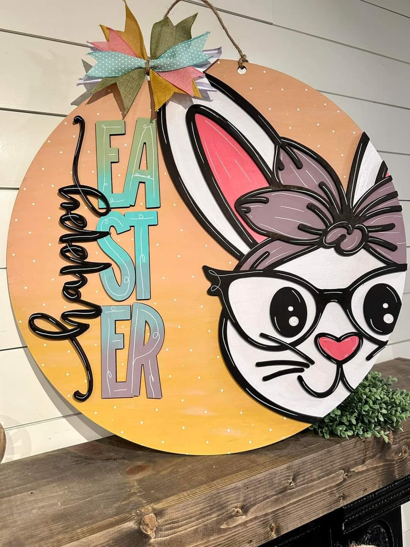 Happy Easter on Left, Bunny with Glasses and Bow on Right 22 Inch Round