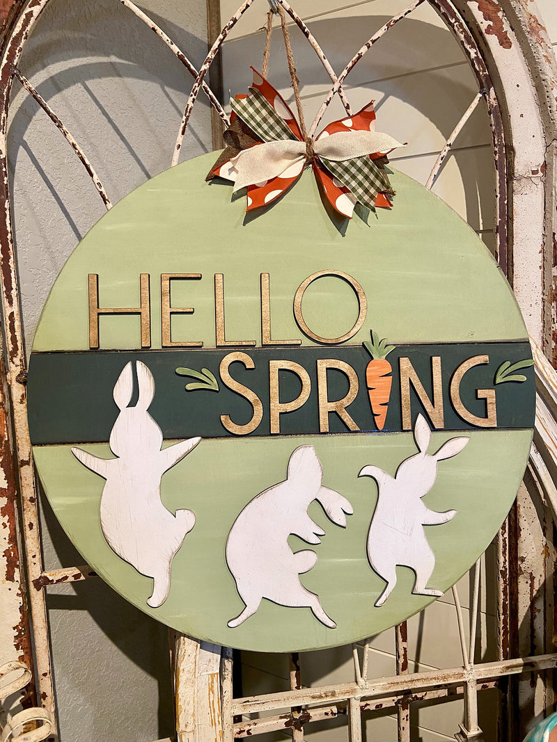 Hello Spring with Bunnies 22 Inch Round Sign Pre-Order