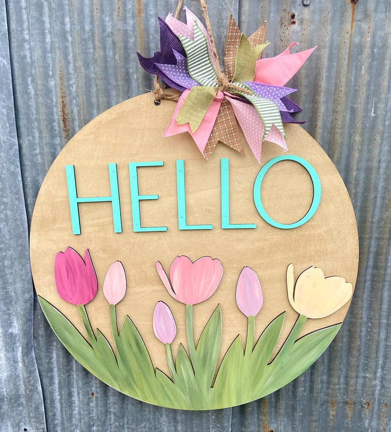 Hello with Tulips 22 Inch Round Sign Pre-Order